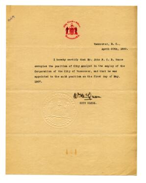 Vance's certificate of occupation for the post of City Analyst: 30-Apr-20
