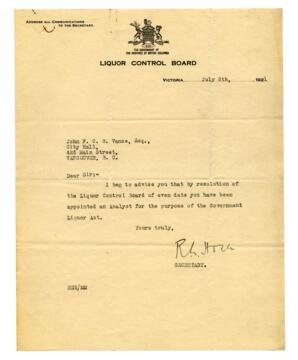 Letter to Vance, from Secretary of Liquor Control Board: 05-Jul-21