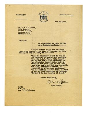 Letter to Vance, from City Clerk W.M. McQueen: 20-May-30