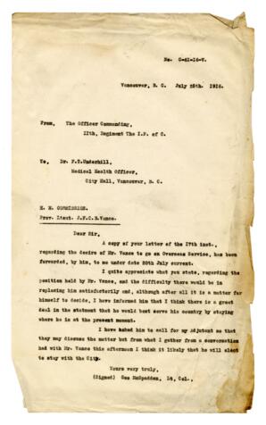 Letter to F.T. Underhill from G. McSpadden, Lt. Col. 11th Regiment: 25-Jul-16