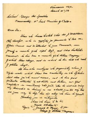 Letter to Col. McSpadden, 11th Irish Fusiliers of Canada from Joseph Hynes: 10-Mar-16
