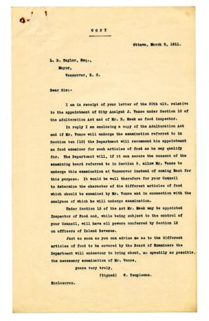 Letter to L.D. Taylor, Mayor from W. Templeton: 08-Mar-11