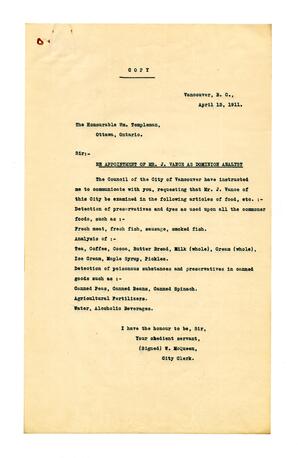 Letter to William Templeman, Minister of Inland Revenue, Ottawa from W. McQueen, City Clerk: 13-Apr-11