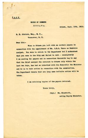 Letter to H.H. Stevens from William Hinsworth, Acting Deputy Minister, House of Commons, Ottawa: 19-Sep-12