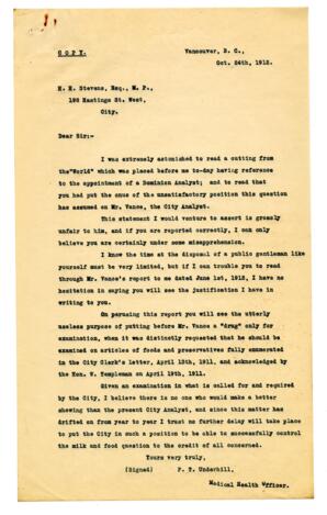 Letter to H.H. Stevens from F.T. Underhill: 24-Oct-12