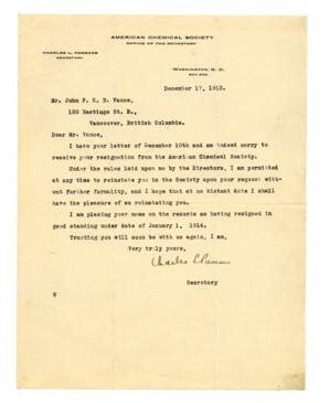 Letter to Vance from Charles Parsons, American Chemical Society: 17-Dec-13