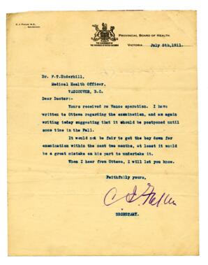 Letter to F.T. Underhill from [illegible], Provincial Board of Health: 05-Jul-11