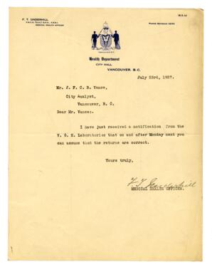 Letter to Vance from F.T. Underhill: 23-Jul-27