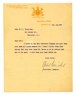 Letter to Vance from Herbert Carmichael, Government Assayer: 13-Nov-06
