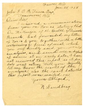 Letter to Vance from N. Sandberg: 28-Jan-28