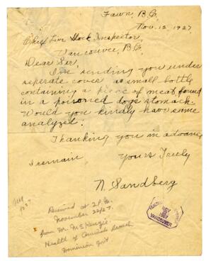 Letter to Vance from N. Sandberg: 12-Nov-27