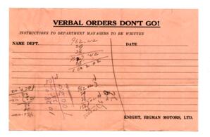 Vance note about payments related to Ford Sedan on Knight, Higman Motors Ltd, memo paper: [1923]