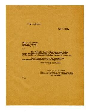 Letter from Vance to Col. W.W. Foster, Chief of Police, Vancouver: 02-May-35