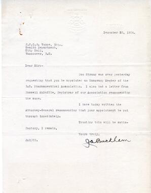 Letter from J.A. Buckham to Vance: 20-Dec-24