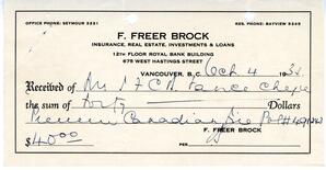 Receipt from F. Freer Brock, Insurance to Vance: 04-Oct-31