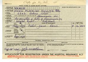 Hospital insurance application for John Vance: 19-Aug-48