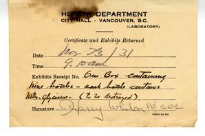 Health Department Certificate and Exhibits Returned receipt: 23-Nov-31