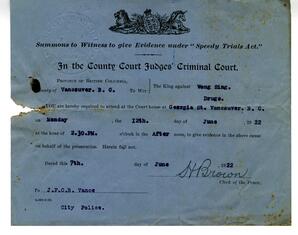 Province of British Columbia Court Summons for Vance: 07-Jun-22