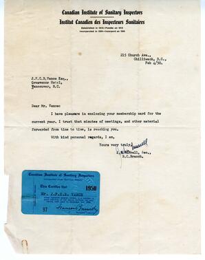 Canadian Institute of Sanitary Inspectors membership: 04-Feb-59