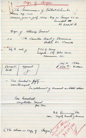 Note about cheque for court services: 15-Jul-34