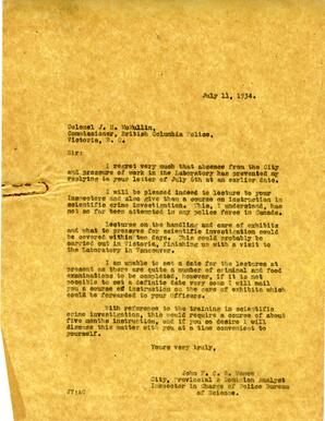 Letter to Colonel J.H. McMullin, BC Police from Vance: 11-Jul-34