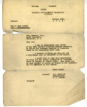 Letter to John Cameron Chief Constable from J.H. Mullin, Commissioner, BC Police: 24-Oct-33