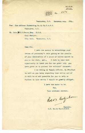 Letter to Vance from Commanding Officer No. 19 Co C.A.S.C.: 04-Nov-16