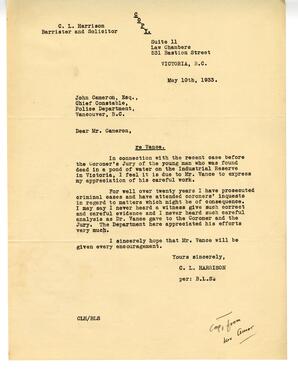 Letter to John Cameron, Chief Constable, Vancouver from C.L. Harrison, Victoria: 10-May-33