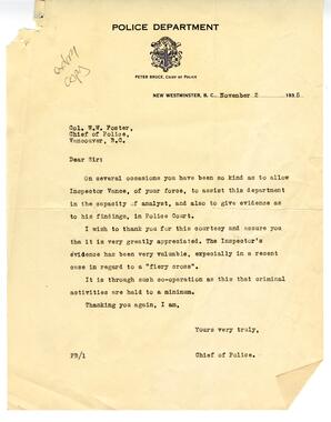 Letter to W.W. Foster, Chief of Police, Vancouver from Chief of Police, New Westminster: 02-Nov-35