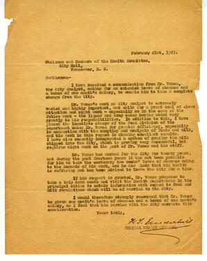 Letter to Health Committee, City of Vancouver from F.T. Underhill: 21-Feb-27