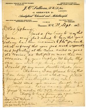 Letter to Vance from J. O'Sullivan, Assayer: 21-Sep-03