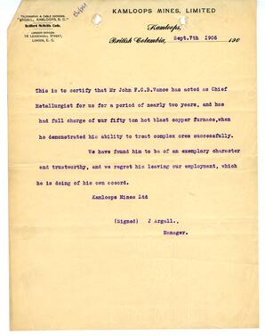 Vance reference letter from J. Argall, Kamloops Mines: 07-Sep-06