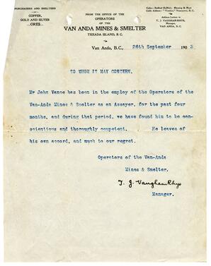 Vance reference letter from J.G. Vaughan Rhys, Van-Anda Mines & Smelter: 26-Sep-03