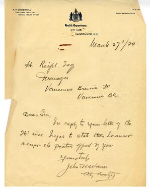 Letter to H. Reifel, Manager, Vancouver Breweries from Vance: 27-Mar-20