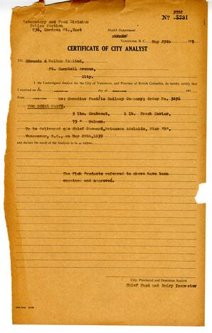 Certificate of City Analyst: 29-May-39