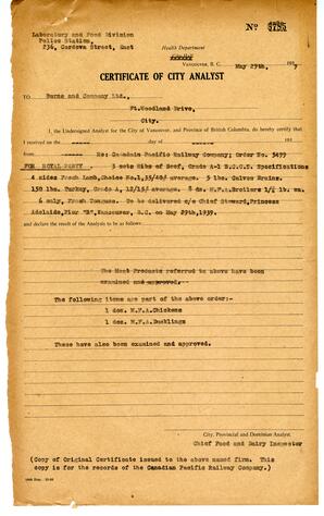 Certificate of City Analyst: 29-May-39