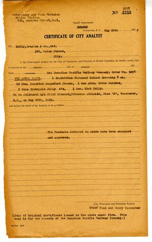 Certificate of City Analyst: 29-May-39