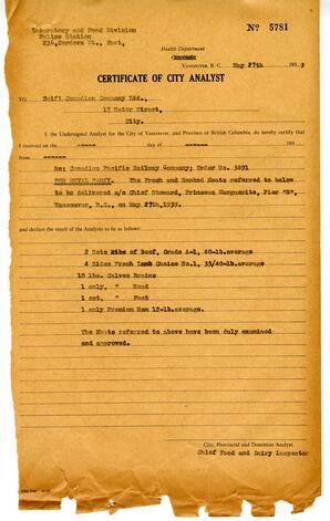 Certificate of City Analyst: 27-May-39