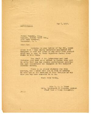 Letter to Philip Fleming, Manager, Jersey Farms Ltd. from Vance: 08-May-39