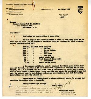 Letter to Seaport Crown Fish Co. from CPR Purchasing Agent: 18-May-39