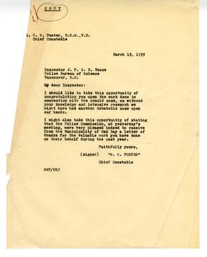 Letter to Vance from W.W. Foster, Chief Constable, Vancouver: 15-Mar-39