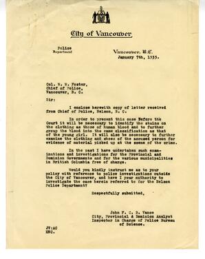 Letter to W.W. Foster, Chief of Police, Vancouver from Vance: 07-Jan-35