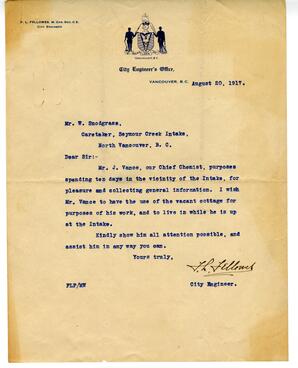 Letter to W. Snodgrass, Caretaker, Seymour Creek Intake from F.L. Fellowes, City Engineer: 20-Aug-17