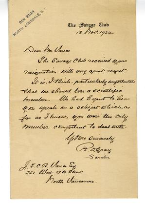 Letter to Vance from The Savage Club, Masonic Temple: 18-Nov-24