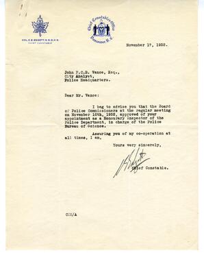 Letter to Vance from C.E. Edgett, Chief Constable, Vancouver: 17-Nov-32