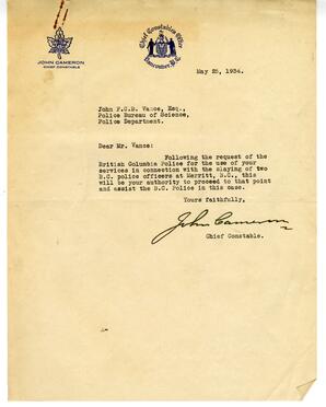 Letter to Vance from John Cameron, Chief Constable, Vancouver: 25-May-34