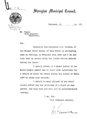 Letter to Vance from Shanghai Municipal Police Council: 08-Feb-37
