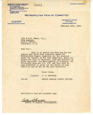Letter to Vance from J.W. McIntosh, Metropolitan Health Committee: 16-Feb-37