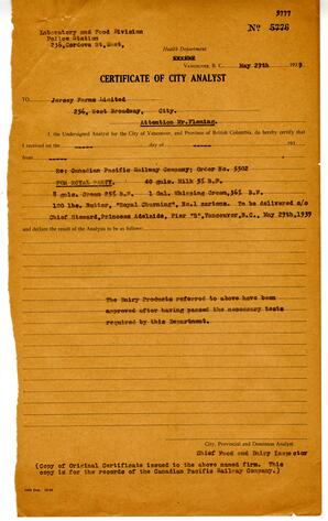 Certificate of City Analyst for Royal Party, no 5777: 29-May-39