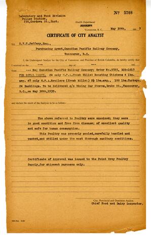 Certificate of City Analyst for Royal Party, no 5708: 30-May-39